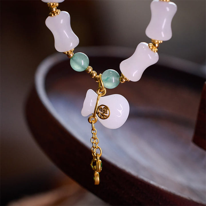 Buddha Stones天然ホワイトゴールドシルク翡翠竹模様富福袋福文字ブレスレット