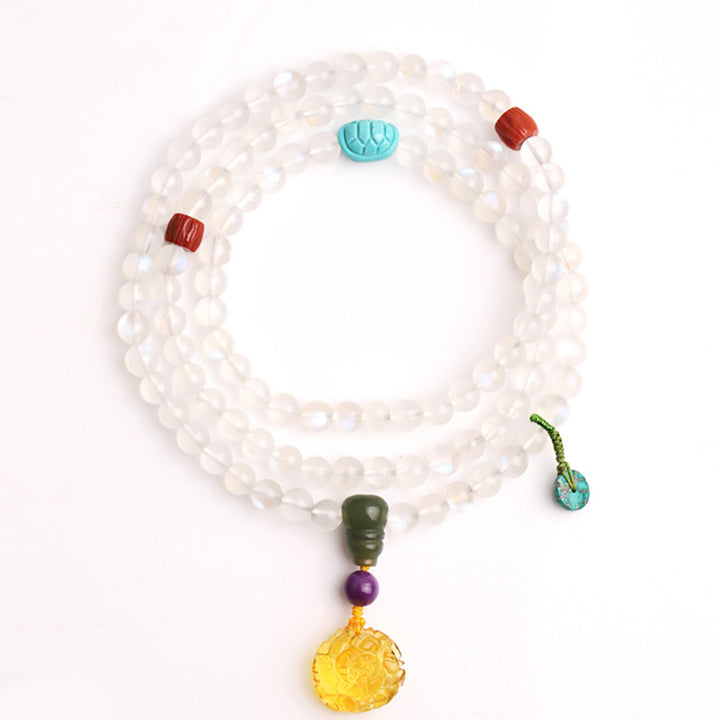 Buddha Stones 108Malaビーズ ムーンストーン アンバー ロータス ターコイズ クリスタル ヒーリングブレスレット