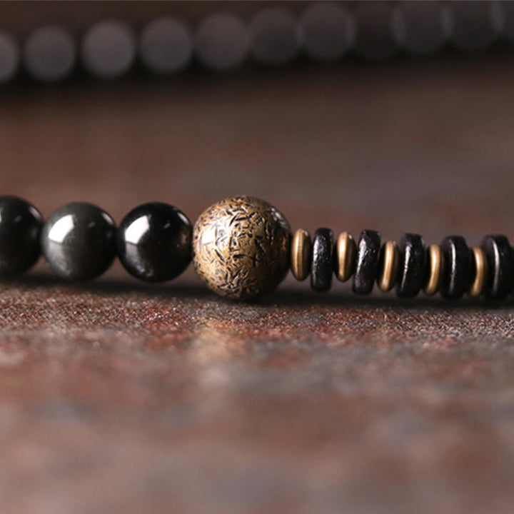 Buddha Stonesレインボーオブシディアン 黒檀 木 銅 ポジティブ マルチレイヤーブレスレット