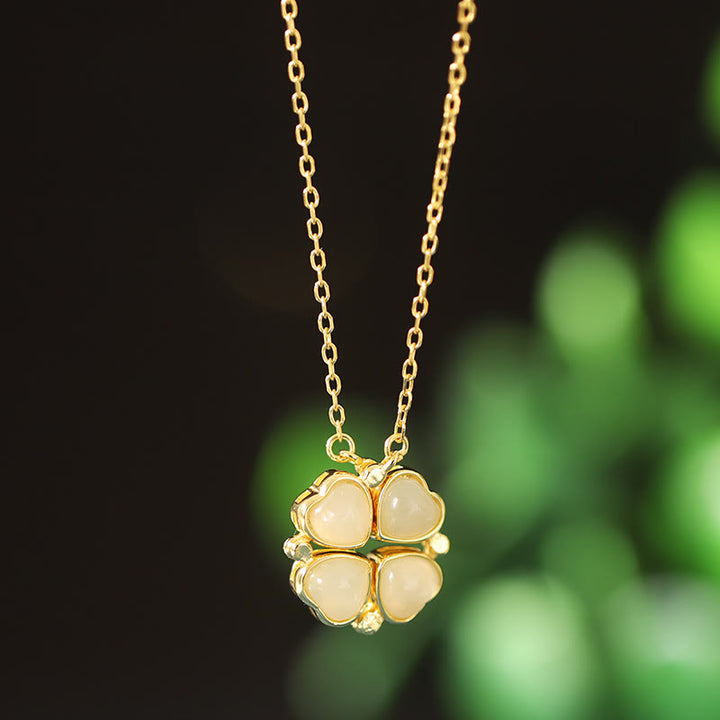 Buddha Stones925スターリングシルバー 四つ葉のクローバー ホワイトジェイド レッドアゲート 豊穣のネックレスペンダント