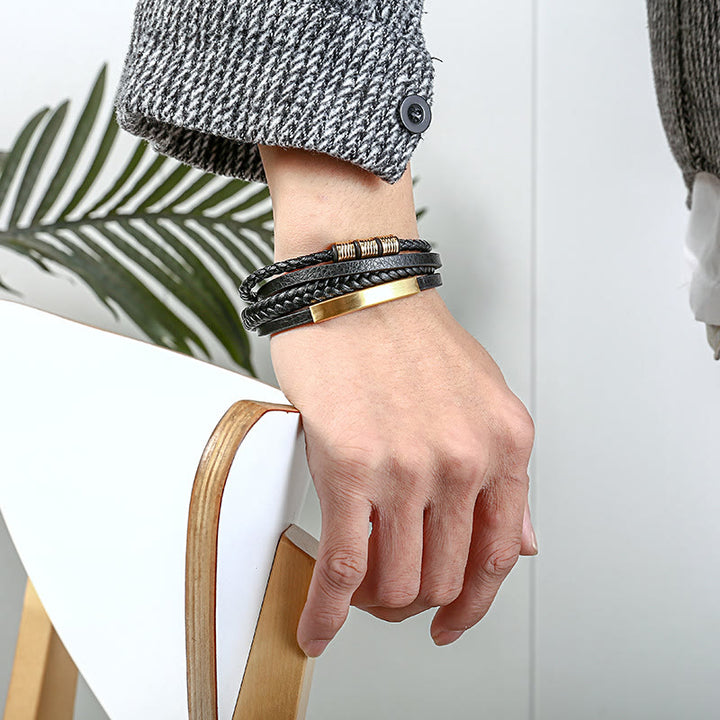 Buddha Stonesレザー多層チタン鋼バランス編み込み磁気バックルブレスレット