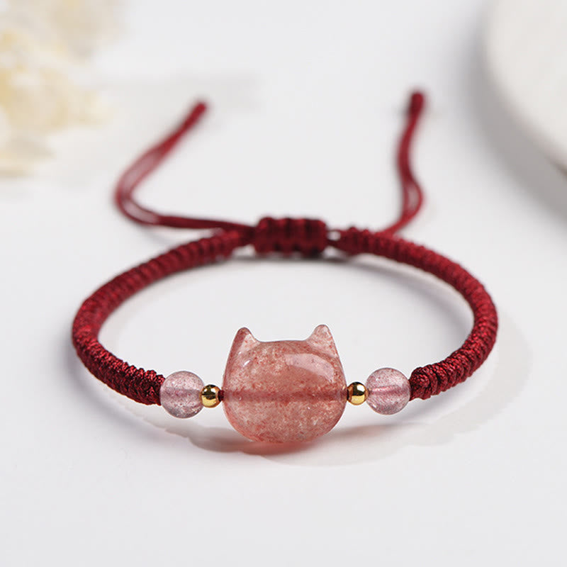 Buddha Stonesハンドメイド 天然銀光沢黒曜石 ストロベリークォーツ かわいい猫のお守り編み込みブレスレット - ストロベリークォーツ(愛♥癒し) - 愛らしい猫 - image 13