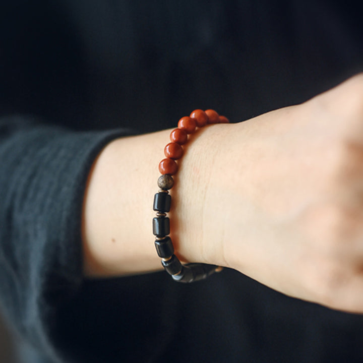 Buddha Stones、黒檀、赤ジャスパー、苔瑪瑙、水晶、銅、平和のカップルブレスレット