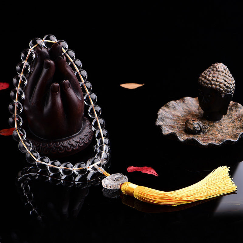 Buddha Stones天然ホワイトクリスタル 蓮 手首用Mala用 タッセル ポケットMala車用装飾