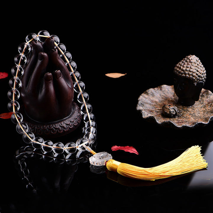 Buddha Stones天然ホワイトクリスタル 蓮 手首用Mala用 タッセル ポケットMala車用装飾