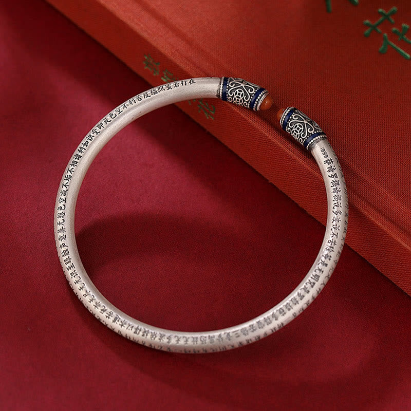 Buddha Stones999スターリングシルバー 般若心経 刻印入り 赤瑪瑙守護ブレスレットバングル - 18cm(調節可能) - image 0