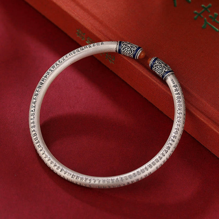 Buddha Stones999スターリングシルバー 般若心経 刻印入り 赤瑪瑙守護ブレスレットバングル - 18cm(調節可能) - image 0