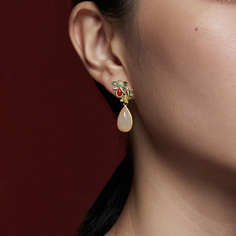 Buddha Stones水滴 白翡翠 赤瑪瑙 蝶の守護 ドロップ ダングル イヤリング