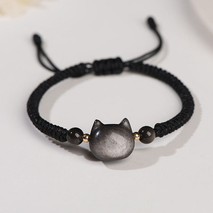 Buddha Stonesハンドメイド 天然銀光沢黒曜石 ストロベリークォーツ かわいい猫のお守り編み込みブレスレット - 銀影黒曜石(コミュニケーション♥癒し) - 愛らしい猫 - image 6