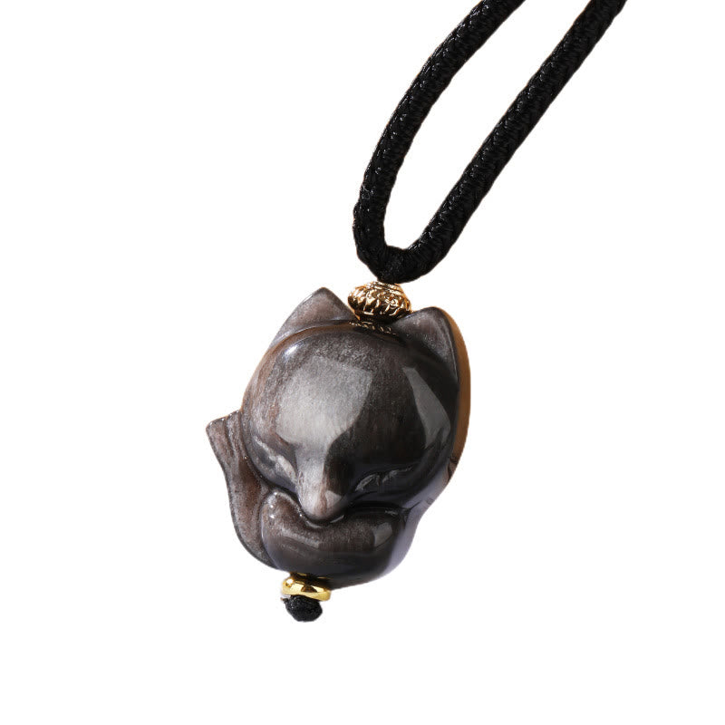 Buddha Stones天然銀光沢黒曜石 九尾狐 守護ネックレスペンダント