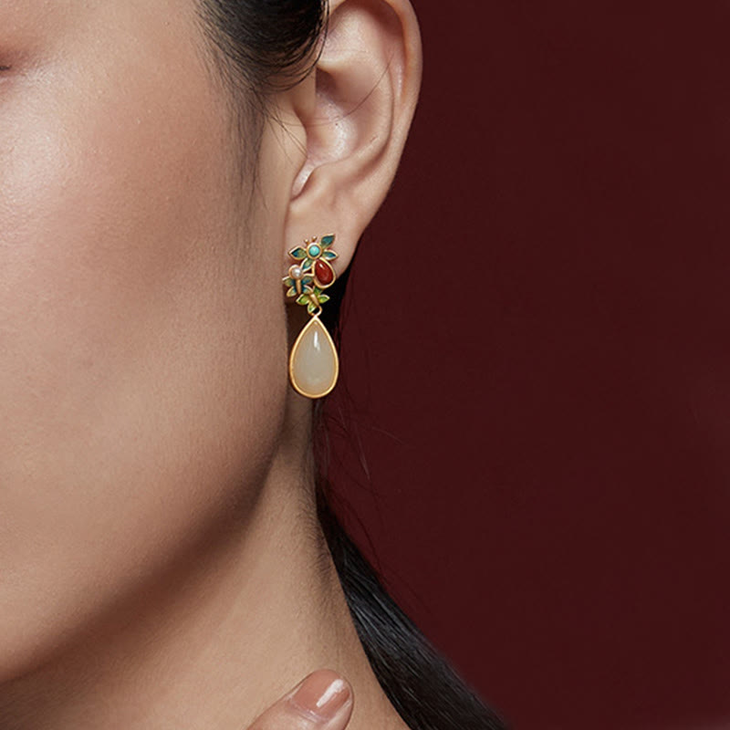 Buddha Stones水滴 白翡翠 赤瑪瑙 蝶の守護 ドロップ ダングル イヤリング