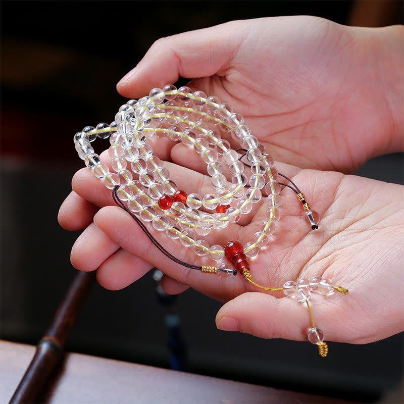 Buddha Stones 108Malaビーズ 925 スターリングシルバー 天然ホワイトアゲート レッドアゲート 4重ラップ保護ブレスレット