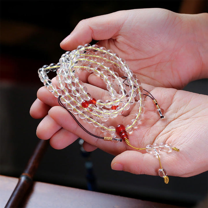 Buddha Stones 108Malaビーズ 925 スターリングシルバー 天然ホワイトアゲート レッドアゲート 4重ラップ保護ブレスレット