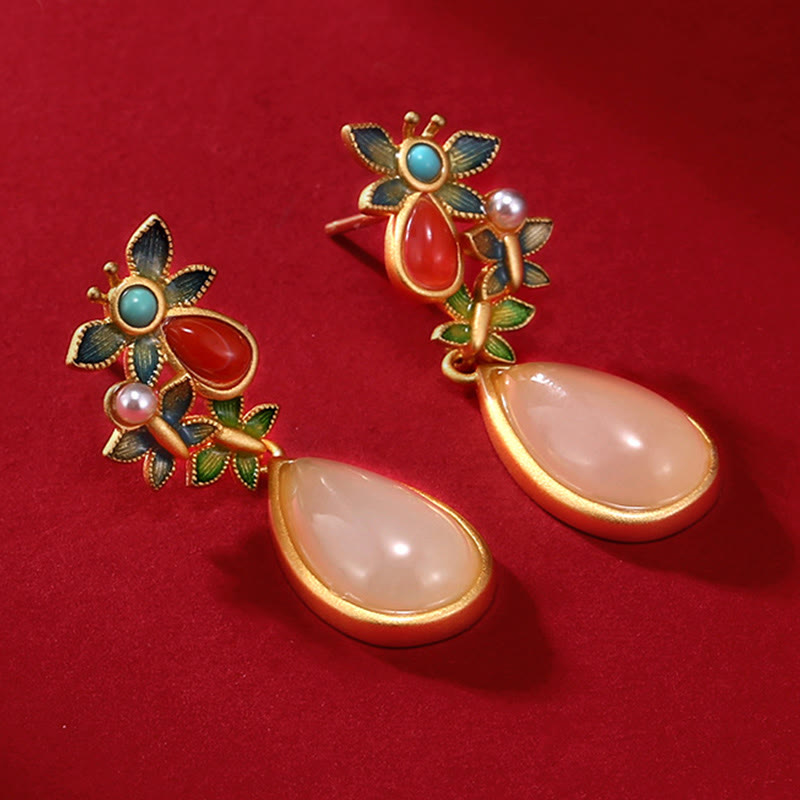 Buddha Stones水滴 白翡翠 赤瑪瑙 蝶の守護 ドロップ ダングル イヤリング