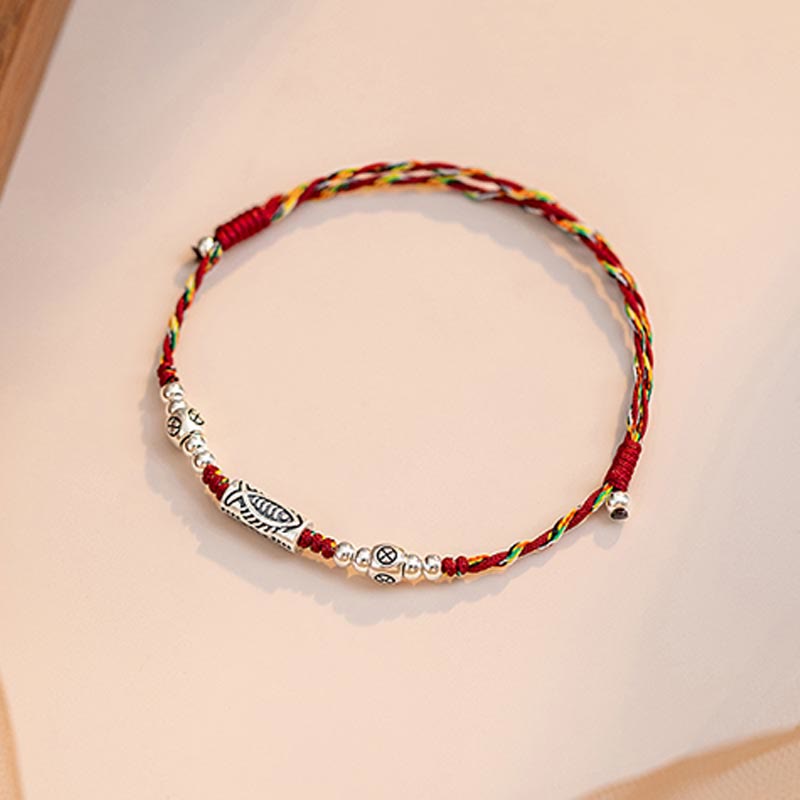 Buddha Stones925 スターリングシルバー 幸運の鯉 編み込み カラフル ストリング ブレスレット アンクレット