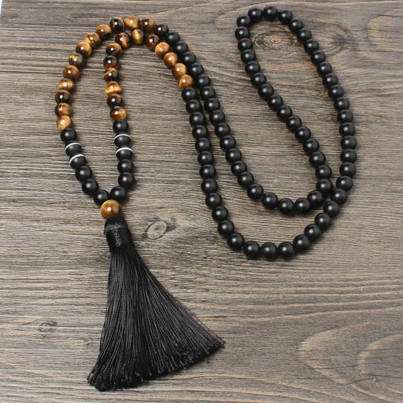 Buddha Stonesブラックオニキス タイガーアイ フォーチュンブレスレット タッセルネックレス ペンダント