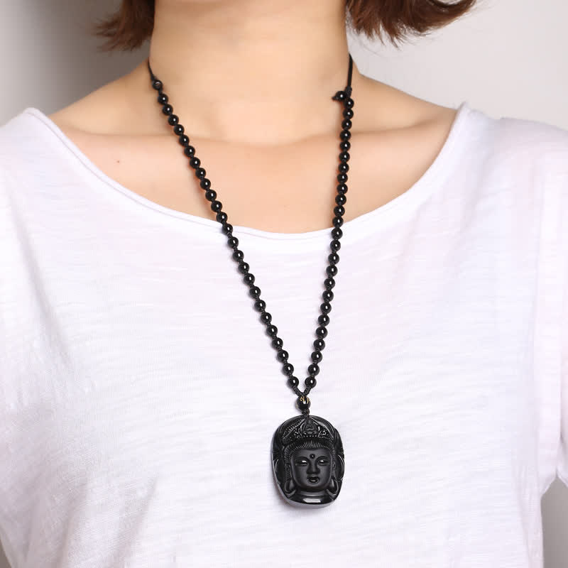 Buddha Stones天然黒曜石 観音菩薩 強さの紐ネックレスペンダント - image 3