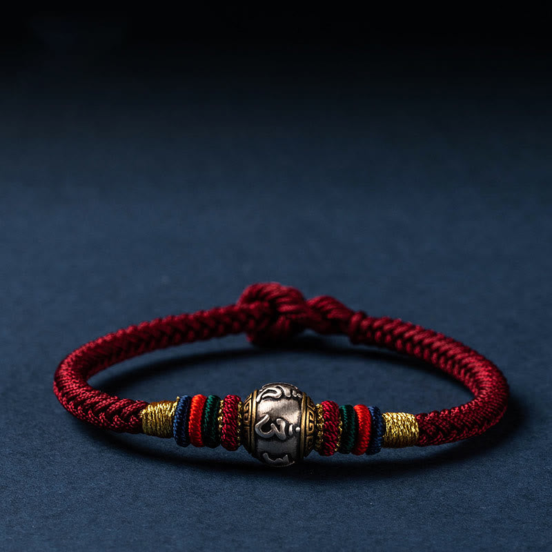 Buddha Stones925 スターリングシルバー チベット ハンドメイドオーム・マニ・パドメ・フム幸運の守護 キングコングノット 編み込みブレスレット