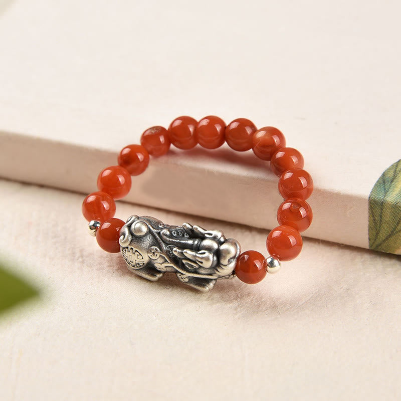 Buddha Stones 925スターリングシルバー 天然ガーネット ムーンストーン レッドアゲート 貔貅 富の指輪