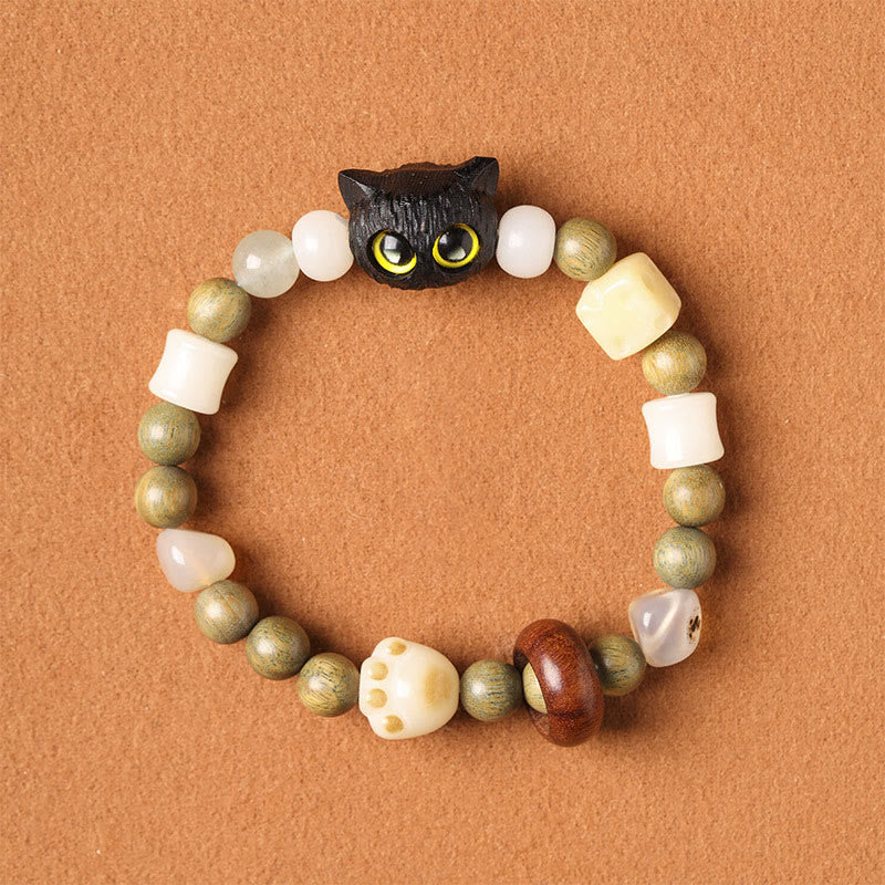 Buddha Stones菩提樹 緑白檀黒檀小葉紫檀猫の頭 足爪 平和ブレスレット - 黒檀のかわいい猫(黄色い目)(手首周り14~16cm) - image 16