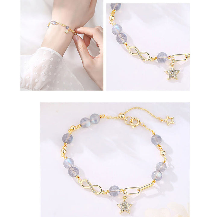 Buddha Stones 14Kゴールドメッキ 天然ストロベリークォーツ ムーンストーン メビウスループ 永遠の愛 星 ポジティブブレスレット