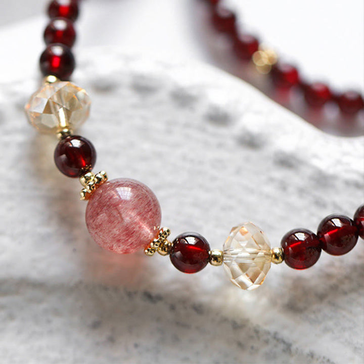 Buddha Stones 14Kゴールドメッキ 天然ガーネット ストロベリークォーツ スタビリティ ダブルラップブレスレット