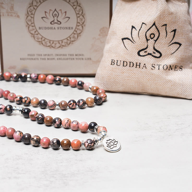 Buddha Stones108Mala入り 数珠 ロードナイト 蓮 慈悲のエネルギーブレスレット