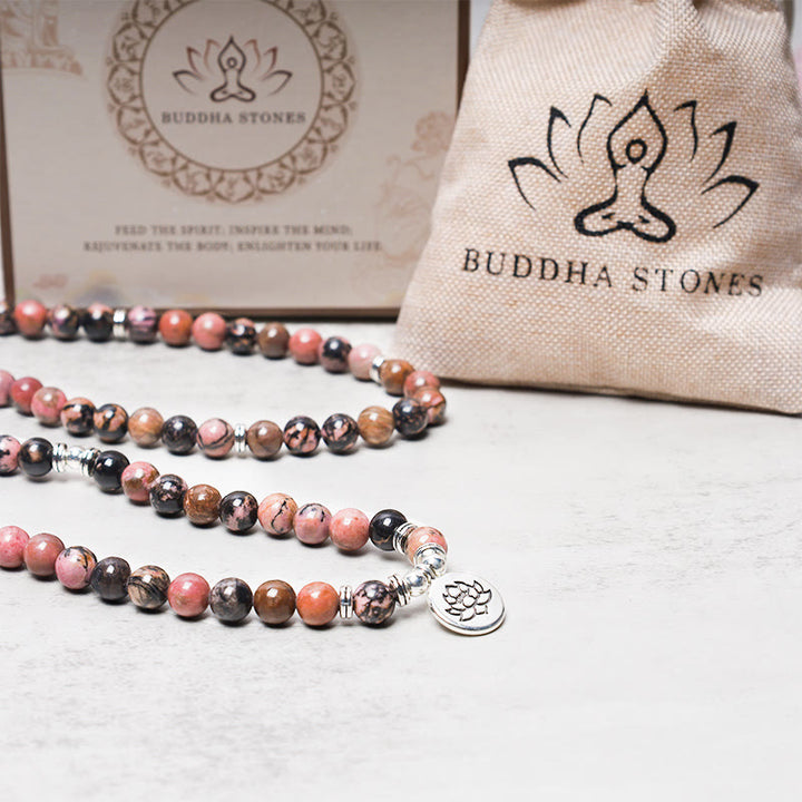 Buddha Stones108Mala入り 数珠 ロードナイト 蓮 慈悲のエネルギーブレスレット