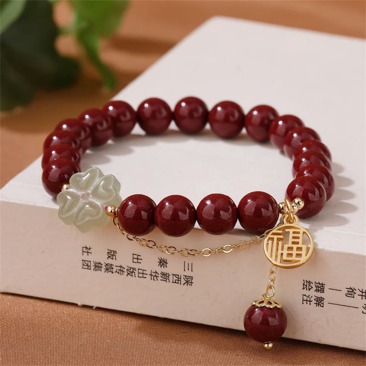 Buddha Stones辰砂 福文字 和田翡翠 幸運の四つ葉のクローバー 祝福ブレスレット