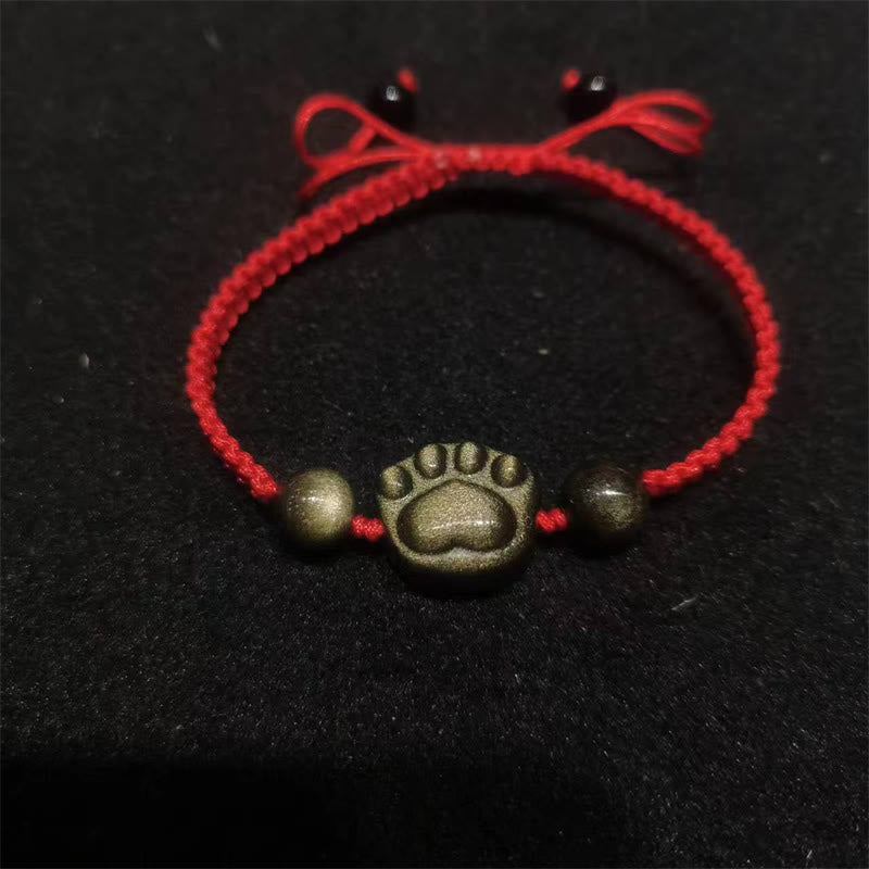 Buddha Stones天然銀光沢黒曜石 金光沢黒曜石 かわいい猫の足爪保護ロープブレスレット - ゴールドシーンオブシディアン - 赤いロープ(手首周り14~19cm) - image 10