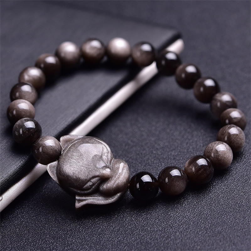Buddha Stones天然銀光沢黒曜石キツネ守護ブレスレット