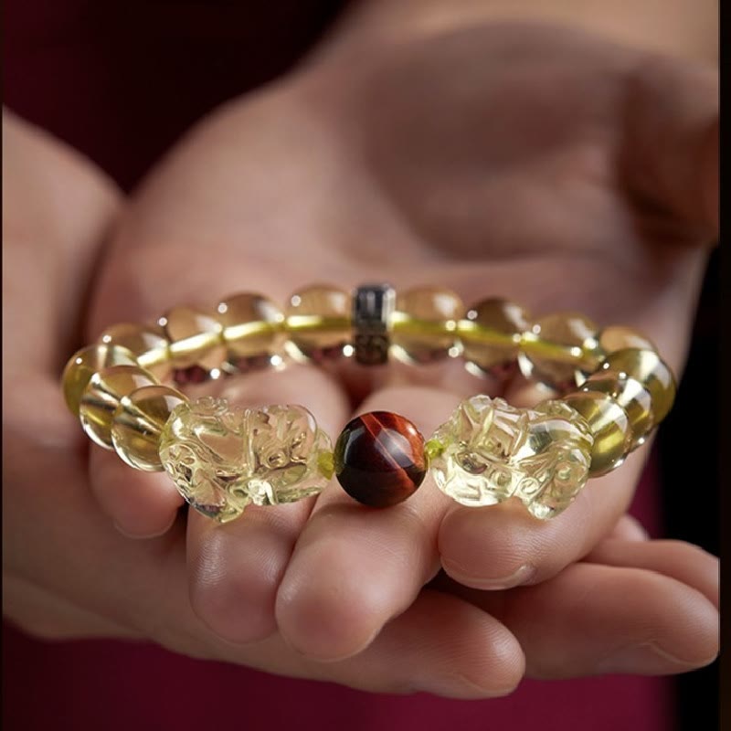 Buddha Stones天然シトリンダブル貔貅タイガーアイ繁栄守護ブレスレット