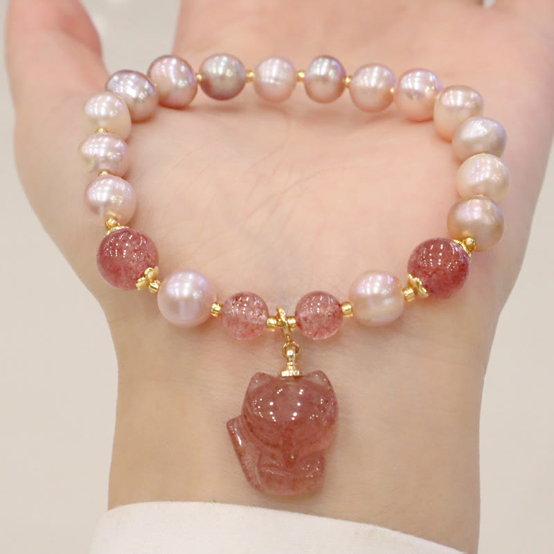 Buddha Stones天然パール ストロベリークォーツ キュートフォックス ラブヒーリングチャームブレスレット