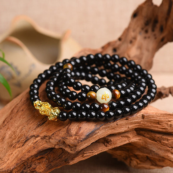 Buddha Stones、中国の十二支、黒曜石、貔貅(ピクシウ)の守護Malaブレスレット