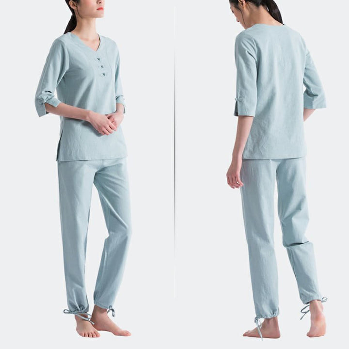 Buddha Stonesヨガ瞑想祈りVネックデザインコットンリネン服ユニフォーム禅練習レディースセット
