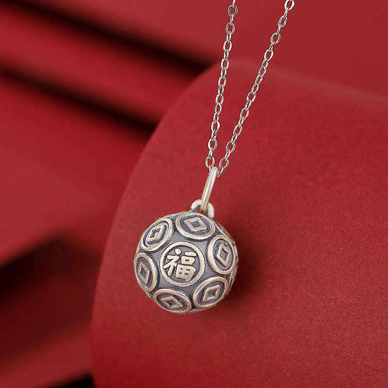 Buddha Stones990 スターリングシルバー 福文字 銅貨 幸運 幸運 チェーンネックレス ペンダント