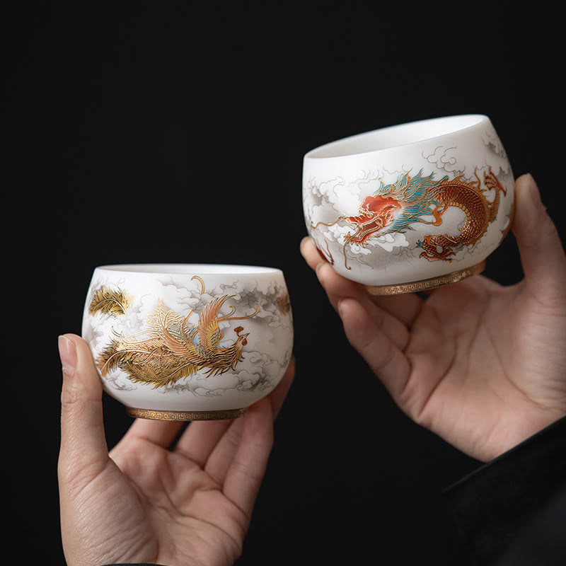 Buddha Stones、鳳凰、龍、蓮、鹿、古代建築、鯉、陶器のティーカップ、カンフーティーカップ