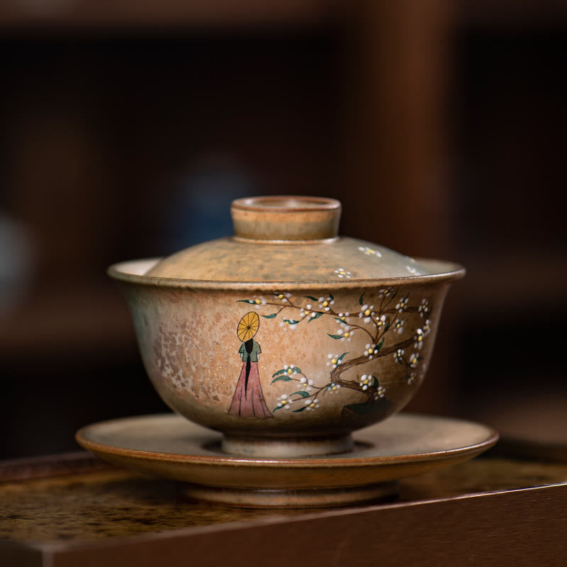 景徳鎮の手描きのルBuddha Stones磁器漢服少女の花の陶器蓋碗三彩ティーカップカンフーティーカップとソーサー蓋付き