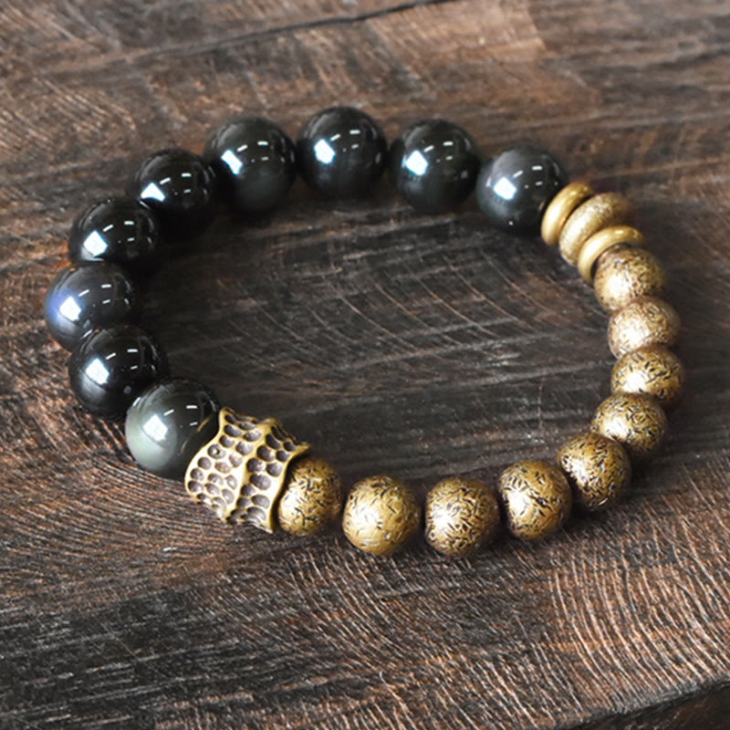 Buddha Stonesレインボーオブシディアン 銅ビーズ ポジティブトランスフォーメーションブレスレット