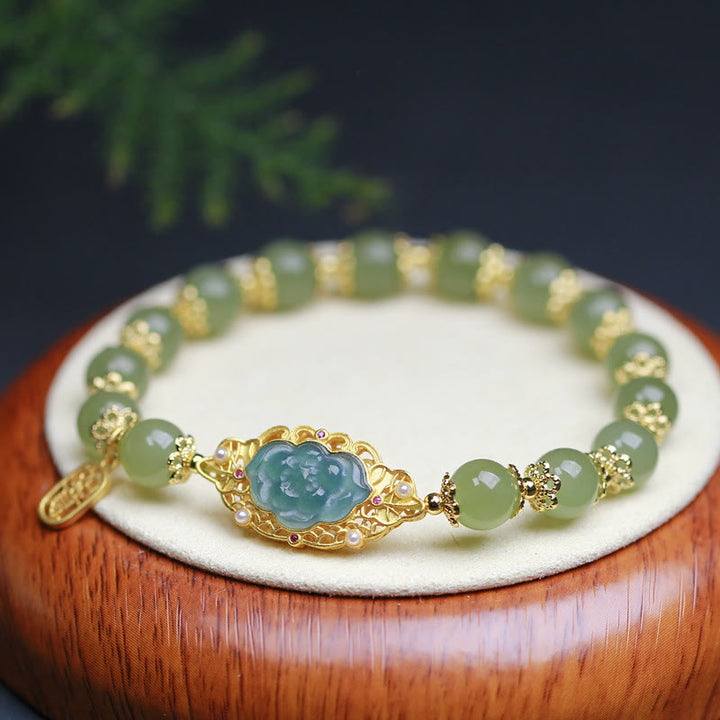 Buddha Stones 925スターリングシルバーメッキ 14Kゴールド 和田翡翠 蓮華幸運ブレスレット - 和田玉(豊かさ♥豊穣) - image 0