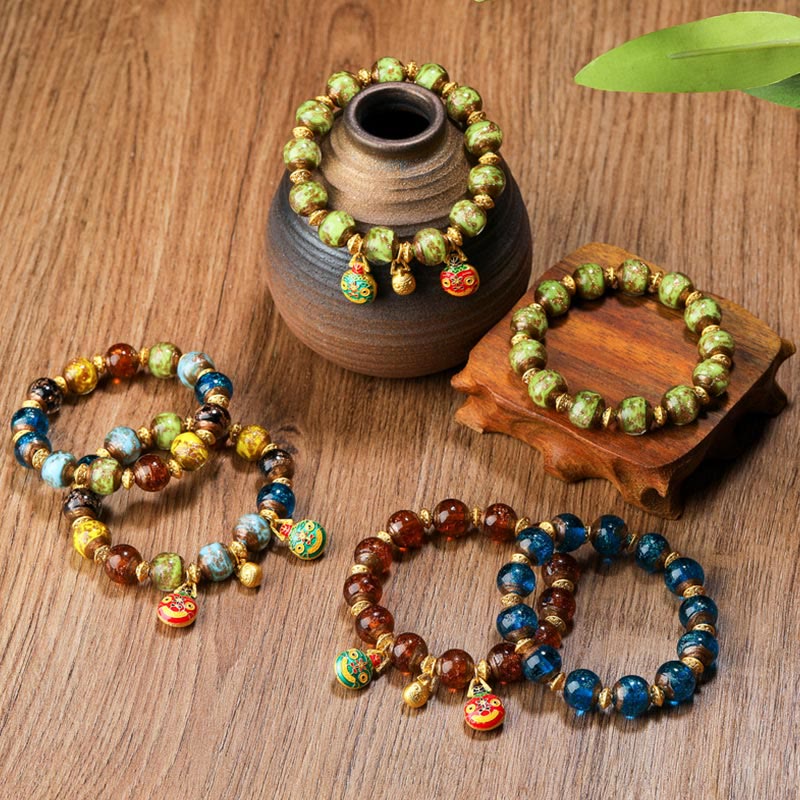 Buddha Stones金呑み獣ファミリーチャーム 琉璃ガラスビーズ 幸運ブレスレット