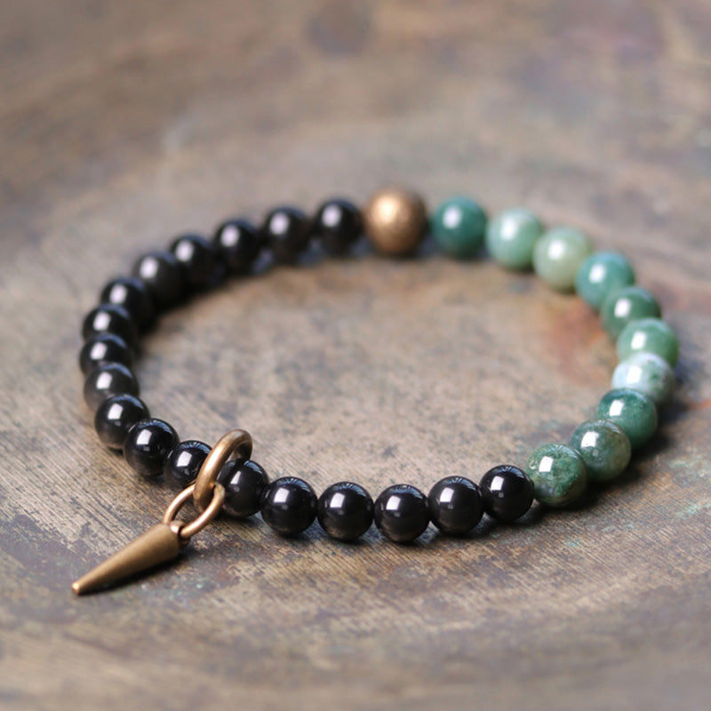 Buddha Stonesブラックオブシディアン ソーダライト クリスタル 銅 強さ カップル ブレスレット