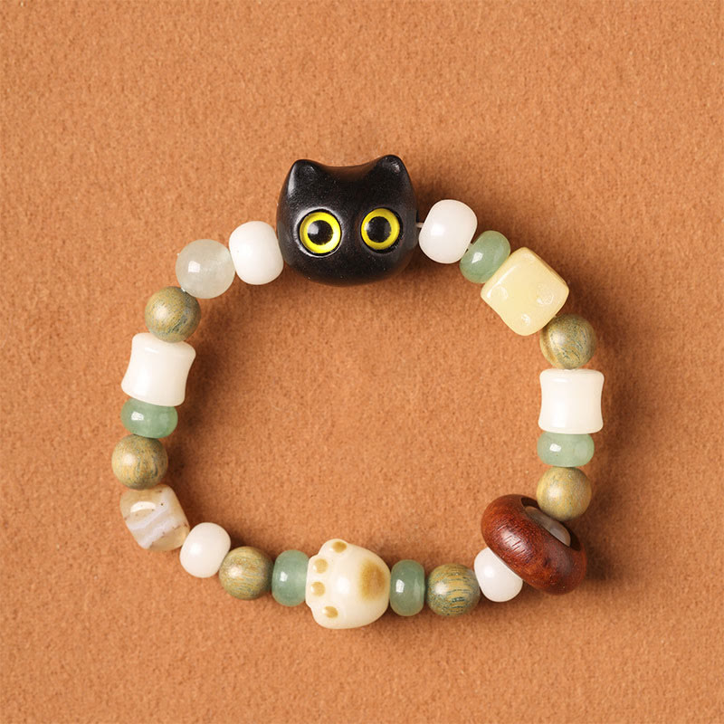 Buddha Stones菩提樹 緑白檀黒檀小葉紫檀猫の頭 足爪 平和ブレスレット - 黒檀の猫(黄色い目)(手首周り14~16cm) - image 15