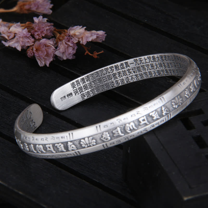 Buddha Stones999スターリングシルバーオーム・マニ・パドメ・フム般若心経 蓮華座 平和ブレスレット バングル