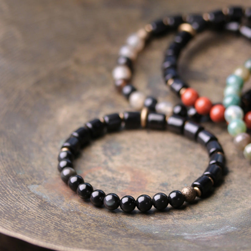 Buddha Stones、黒檀、赤ジャスパー、苔瑪瑙、水晶、銅、平和のカップルブレスレット