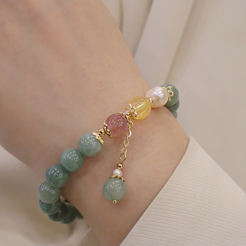 Buddha Stones翡翠パール ストロベリークォーツ 豊穣の幸運ビーズチャームブレスレット