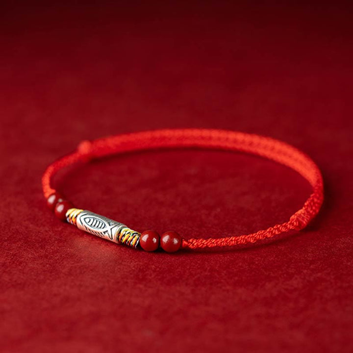 Buddha Stones 925スターリングシルバー 鯉 辰砂 ビーズ 富 手作り 編み込み ブレスレット アンクレット