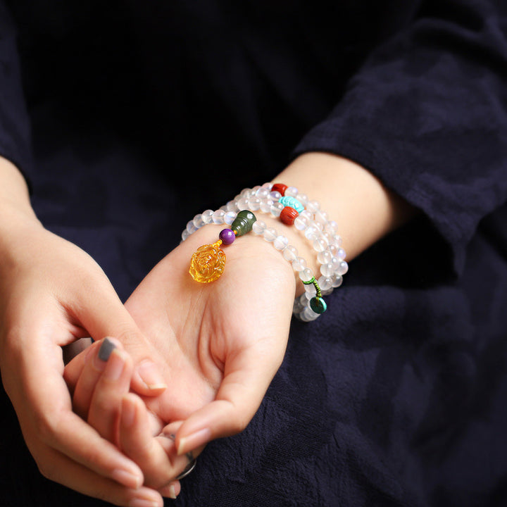 Buddha Stones 108Malaビーズ ムーンストーン アンバー ロータス ターコイズ クリスタル ヒーリングブレスレット