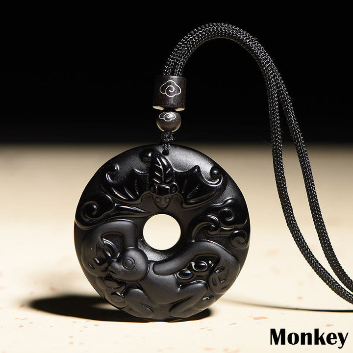 Buddha Stones中国の十二支 天然黒曜石平和のお守りチャーム強さ ネックレス ペンダント - 猿 - image 20