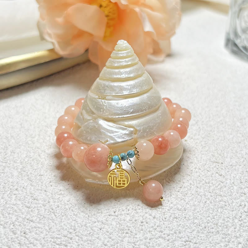 Buddha Stones天然オレンジストーン ターコイズ 福文字チャーム 幸運 幸運ブレスレット